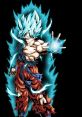 Goku in Super Saiyan Blue form, channeling energy with a dynamic pose and electrifying aura against a black background.