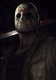 Jason Voorhees wears a signature hockey mask, wielding a bloody weapon in a dark, menacing atmosphere.