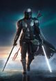 Mandalorian warrior walking in a dramatic landscape, carrying Baby Yoda, ready for action with glowing weapons.