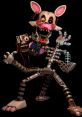 Mangle, a twisted animatronic with pink accents, striking a playful pose showcasing its mechanical features and vibrant colors.