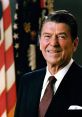 Portrait of Ronald Reagan smiling, wearing a suit, with American flag in the background, symbolizing leadership and patriotism.