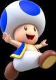 Cheerful Toad character with a blue-spotted mushroom cap, jumping joyfully in a colorful animated style.