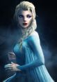 Epic portrayal of Elsa with icy blue dress and striking eyes, embodying strength and magic in a mystical atmosphere.