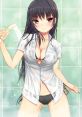 Young woman in a wet shirt under a shower, water streaming down, capturing a playful and bold moment in a vibrant bathroom.