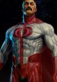 Omni Man in his heroic pose, showcasing muscular build and iconic costume against a cosmic background.