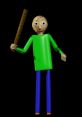 Baldi character from the popular horror game, holding a ruler, wearing a green shirt and blue pants, set against a dark background.