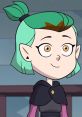 Amity Blight smiles warmly, showcasing her signature green hair and stylish outfit in a magical setting.