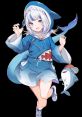 Gawr Gura in a playful shark-themed outfit, showcasing her signature blue hues and adorable shark companion.