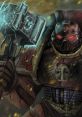 A powerful Space Marine wielding a glowing hammer, ready for battle in a stormy sci-fi landscape.