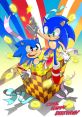 Sonic and a mini Sonic celebrate with joyful expressions in a festive birthday scene full of rings and vibrant colors.