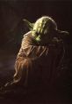 Yoda from Star Wars, deep in thought, sits peacefully in a dark, mystical forest, embodying wisdom and serenity.