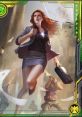 Dynamic action scene featuring a woman with a briefcase, evading danger in a Marvel-inspired urban setting. J.A.R.V.I.S energy visible.
