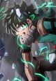 Deku from My Hero Academia, displaying determination with electric aura amidst rubble, ready for action.