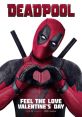 Deadpool creates a heart shape with his hands, promoting love and humor for Valentine's Day, in a playful Marvel-themed poster.