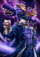 Jotaro Kujo strikes a powerful pose with Star Platinum surrounded by cosmic energy in JoJo's Bizarre Adventure.