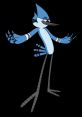 Mordecai from Regular Show, a blue jay with long legs, striking a playful pose against a black background.