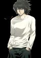 L Lawliet from Death Note, featuring his iconic messy hair and casual outfit, exuding a mysterious and intense demeanor.