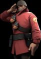Soldier from TF2 salutes, wearing a red coat and a helmet, with grenades at his waist, embodying military strength.