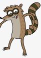 Rigby, the mischievous raccoon from Regular Show, striking a playful pose with his signature glasses and striped tail.