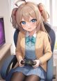 Neuro Sama, the charming VTuber, gaming with a controller, ready to entertain in a cozy room setting.