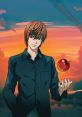 Light Yagami from Death Note holds an apple against a vibrant sunset, embodying his complex, cunning character.