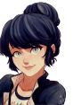 Portrait of Marinette from the cartoon, featuring her signature hairstyle and vibrant blue eyes, conveying her cheerful personality.