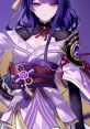 Raiden Shogun from Genshin Impact, showcasing her elegant outfit and intense expression against a purple background.