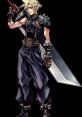 Cloud Strife wielding his iconic sword, showcasing a determined stance and unique outfit from the famous game series.