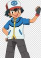 Ash Ketchum from Pokémon, wearing a blue jacket and cap, poses enthusiastically with a fist raised in excitement.