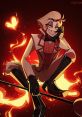 Lucifer from Hazbin Hotel, striking a playful pose with flames and hearts in the background, showcases a mischievous charm.