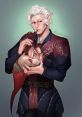 Astarion from Baldur's Gate III playfully sipping from a goblin skull, showcasing his vampiric charm and dark humor.