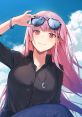 Mori Calliope with pink hair and sunglasses, exuding confidence against a bright, blue sky. A stylish VTuber moment.
