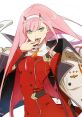Zero Two from Darling In The Franxx in a striking red outfit, showcasing her confident personality and iconic pink hair.