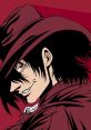 Alucard from Hellsing, featuring his iconic black hat and sinister grin against a bold red background.