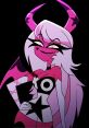 Verosika Mayday from Hazbin Hotel, showcasing her playful smirk, iconic pink hair, and stylish, star-themed outfit.