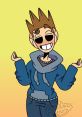 Tom from Eddsworld grinning in a cozy blue hoodie against a vibrant yellow background. Fun and playful cartoon style.