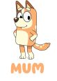 Chilli Heeler from Bluey, smiling and playful, with "MUM" text below, showcasing her loving character.