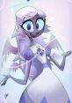 Emily from Hazbin Hotel displays a cheerful expression with angelic features and a sparkling background in vibrant colors.
