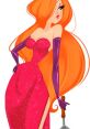 Jessica Rabbit in a sparkly pink dress with long orange hair, purple gloves, and a playful pose, embodying cartoon glamour.