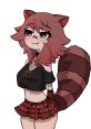 Rakkun VTuber character design featuring a playful raccoon girl in a trendy outfit with a plaid skirt and edgy accessories.