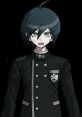Shuichi Saihara from Danganronpa V3, expressing determination in his black school uniform, with visible sweat.