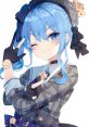 Hoshimachi Suisei winks confidently, showcasing her stylish outfit with blue hair and a star-themed accessory.