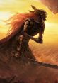 Malenia from Elden Ring, wielding a sword, stands fiercely against a dramatic sunset backdrop, embodying a warrior's spirit.