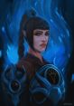 Shadowheart from Baldur's Gate III, showcasing her fierce expression and unique armor amidst a mystical blue backdrop.