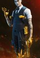Midas from Fortnite, showcasing golden weaponry and tattoos, exuding a stylish yet dangerous look in a vibrant backdrop.