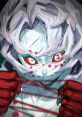 Rui from Demon Slayer: Kimetsu no Yaiba, showcasing his fierce expression and signature red threads in a dramatic pose.