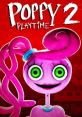 Poppy from Poppy Playtime 2, featuring her iconic pink design and vivid green eyes set against a red background.