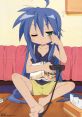 Konata Izumi from Lucky Star, relaxing at home, gaming while enjoying a manga, embodying anime culture and lifestyle.