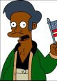 Apu Nahasapeemapetilon holding a small American flag, portraying his iconic character from The Simpsons in Castillian Spanish.