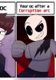Illustration of a character before and after a Corruption arc, showcasing transformation and emotional change.